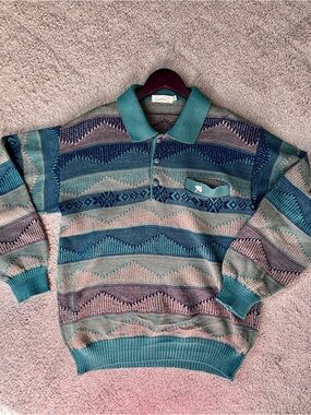 Vintage Arnold Palmer Green Multicolor Geometric Button-down Polo Sweater